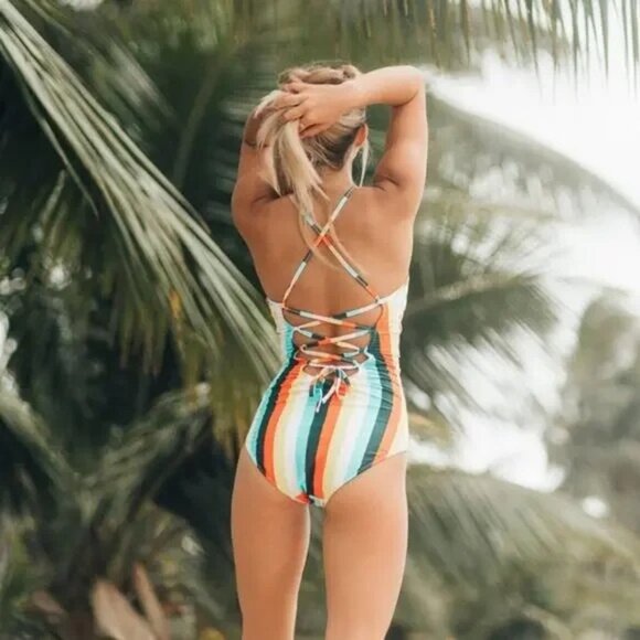 Albion Size XS Fit Weekender Gigi Striped Strappy Tie Back One Piece Swimsuit - Picture 2 of 10
